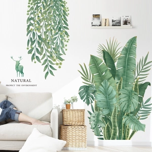 Stickers muraux en PVC feuilles de bananier et monstera avec silhouette d'élan vert