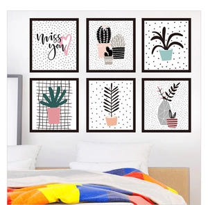 Set of 6 minimalist wall stickers featuring green plants and miss you text art