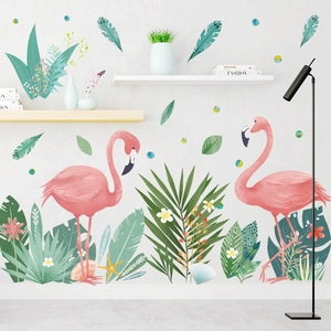 Stickers muraux flamants roses et feuilles tropicales pour décoration de chambre moderne