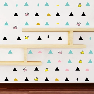 Minimalist Nordic geometric wall stickers with colorful triangles and crowns for nursery