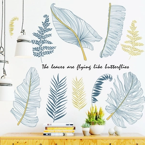 Minimalist botanical wall stickers with indigo leaves and golden butterfly quote