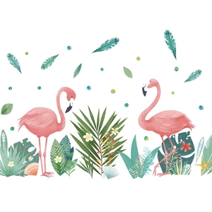 Sticker mural tropical avec flamants roses et feuilles de monstera pour la chambre