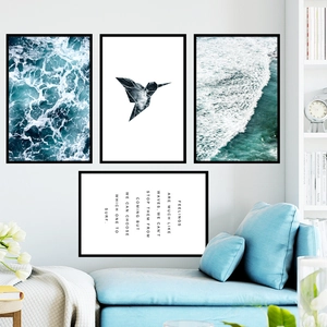 Minimalist 4-piece wall art set with blue ocean waves and hummingbird illustration