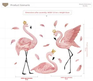 Pink flamingo wall stickers with crowns measuring 121x93cm for bedroom decor