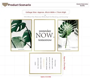 Detail view of 85x73cm PVC wall stickers featuring tropical monstera leaves and quotes