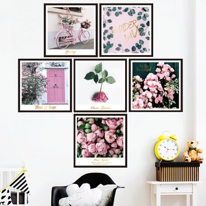 Pink floral wall art set of 6 in black frames for girls room and dormitory decor