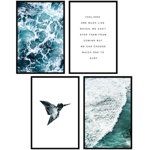 Modern 4-piece framed wall art set with ocean waves and geometric hummingbird motifs
