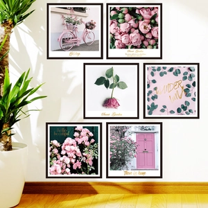 Set of 6 pink rose floral wall art prints with black frames for romantic room decor
