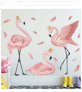 Detailed wall sticker layout featuring pink flamingos with golden crowns and feathers