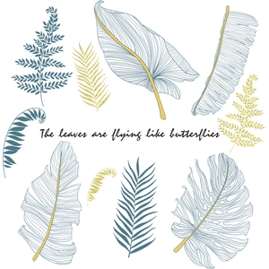 Modern tropical plant wall stickers featuring blue and gold monstera leaf illustrations