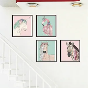 Set di 4 adesivi murali con animali e cornici, motivi con unicorno e fenicottero rosa