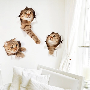 3D realistic brown tabby cat wall stickers with creative broken wall visual effect