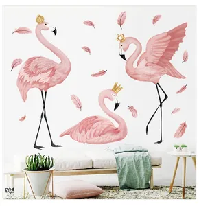 Pink flamingo wall stickers with gold crowns and feathers for bedroom wall decor