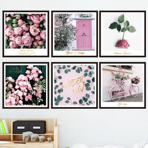 6-piece Nordic pink rose wall art set with floral and bicycle prints in black frames