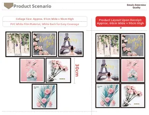 Vue détaillée des stickers muraux roses et Tour Eiffel avec dimensions en PVC