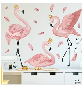 Pink flamingo wall stickers with crowns and feathers for girls bedroom decoration
