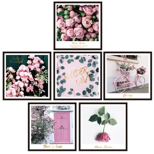 Pink floral rose wall stickers set featuring aesthetic polaroid art style posters
