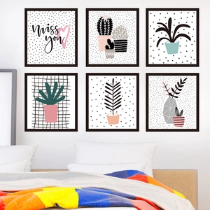 Modern Nordic wall stickers with minimalist potted plants and Miss You art for bedroom decor