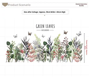 Detailed wall sticker dimensions 98x48cm featuring watercolor green leaves and butterflies