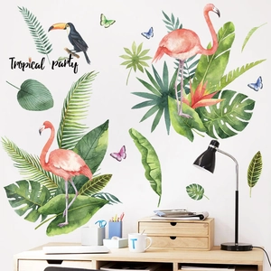 Tropical rainforest wall stickers with flamingos and palm leaves for room decor