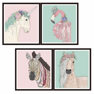 Set di 4 adesivi murali animali con fenicottero e unicorno in stile nordico minimale