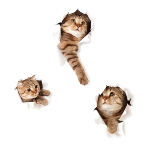 Set of three 3D cat wall stickers with realistic broken wall effect for home decoration