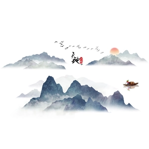 Chinese ink landscape wallpaper featuring mountains, birds, and a boat for home decoration