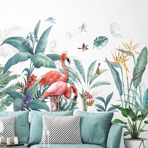 Nordische Wandaufkleber mit Flamingos und tropischen Blättern für Wohnzimmerdeko