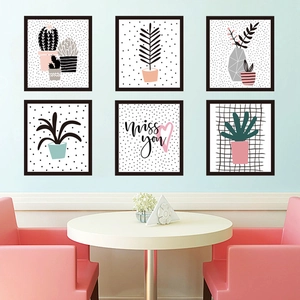 Modern 6-piece minimalist wall decal set featuring potted plants and Miss You heart motif