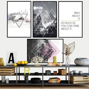 Modern 4-piece mountain landscape wall art set with black frames and motivational quote