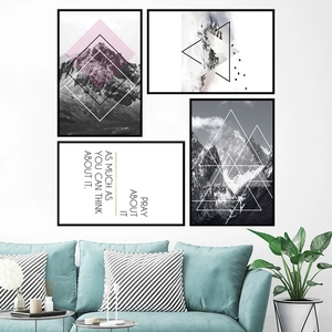 Modern minimalist 4-piece mountain landscape wall art set with geometric lines and quotes