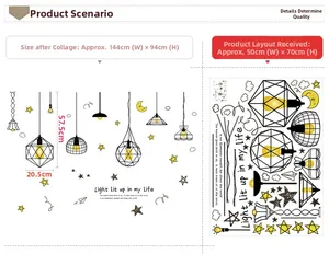 Detailed size chart for modern Nordic wall decals featuring geometric hanging lamps and stars