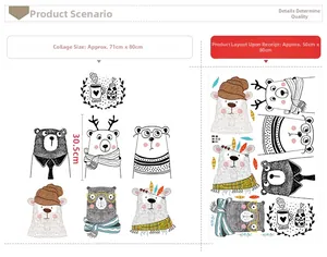 Detail of cartoon bear wall stickers with layout dimensions and DIY assembly guide