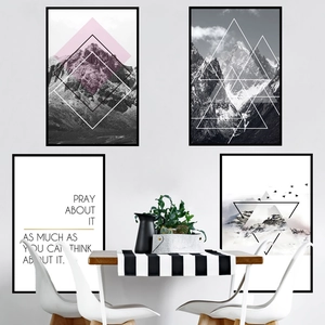 Modern minimalist four-piece wall art set featuring black and white mountain and geometry