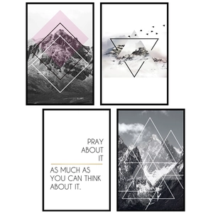 Modern Nordic mountain wall art set with abstract geometric patterns and inspiring quotes