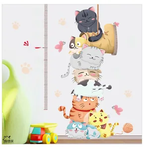 Child growth chart wall decal with colorful cartoon cats and height scale for kids room