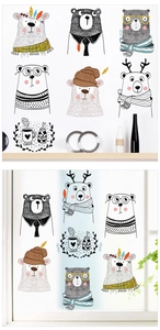 Detail of Nordic bear and coffee wall decals on minimalist indoor backgrounds