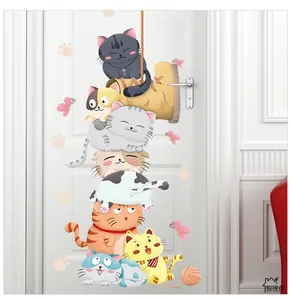Vertical stack of colorful cartoon cats wall decal for nursery room door decor