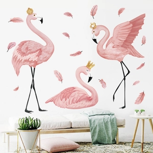 Pink flamingo wall stickers with gold crowns and feathers for girls bedroom decor