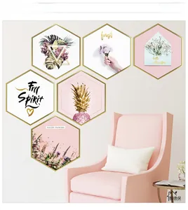 Set of six hexagonal wall art pieces with tropical birds and pink Nordic decor
