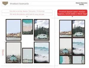 Detail showing dimensions of Nordic landscape wall stickers set for bedroom decor