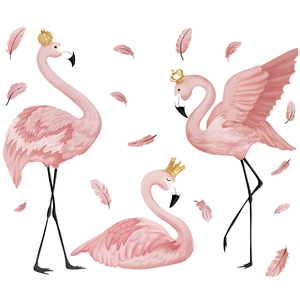 Pink flamingo wall stickers with gold crowns and feathers for bedroom decoration