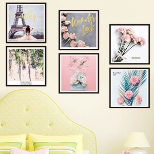 Set de 6 cadres muraux avec roses roses et Tour Eiffel pour décoration de chambre moderne