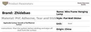 Detailed specifications table for line frame hanging lamp PVC wall stickers on smooth surfaces
