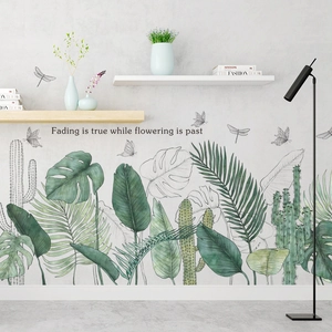 Nordische Wandtattoo Blätter mit Monstera Kaktus und Schmetterling für Deko
