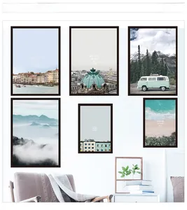 Gallery wall set of six Nordic style landscape art prints with minimalist black frames