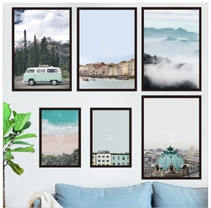 Detail of 6-piece Nordic wall art set featuring landscape prints on a white wall