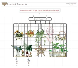 Detail of Nordic wall decor set with iron grid, dream catcher, and plants measuring 83x73cm