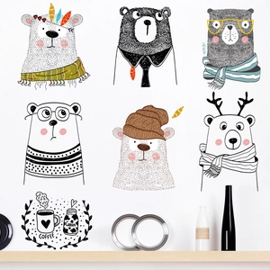 Nordic Cartoon Bear Coffee Theme Wall Stickers PVC Waterproof DIY Self Adhesive Art Decals For Kids Room Living Room Decor