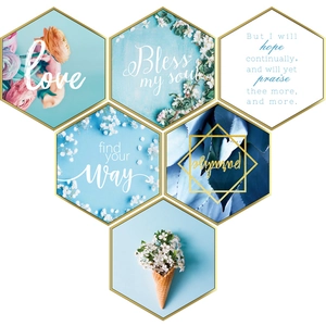 Set di 6 adesivi murali esagonali blu con motivi floreali e citazioni per l'arredamento